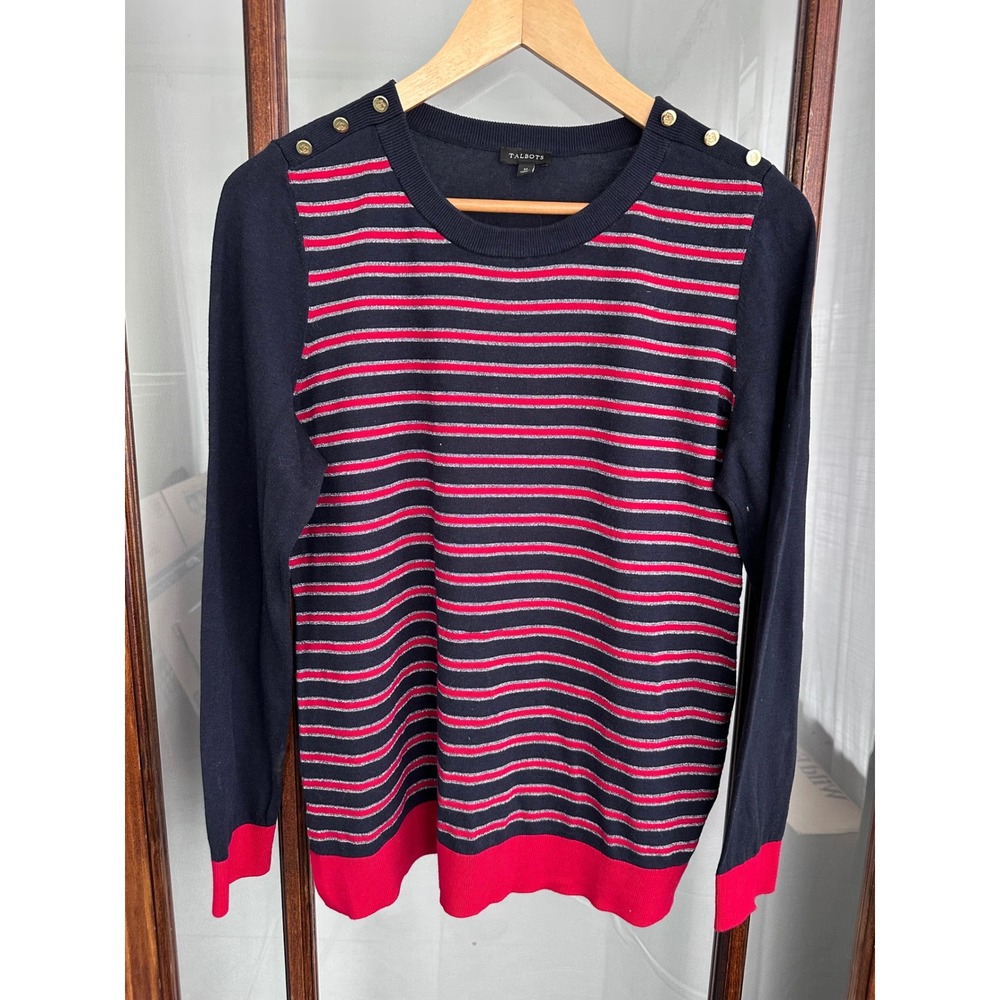 Talbots Womens Navy Red Metallic Striped Shoulder Button Crewneck Sweater Size M